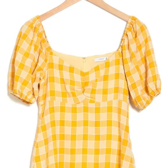 NEW Lush Checker Gingham Plaid Ruched Sweetheart Mini Dress Marigold Yellow M - Picture 5 of 8